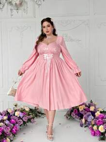 Sunnyshic Plus Size Women Scoop Neck Patchwork Waist Tie Long Sleeve Mid-Length Elegant Retro Cute Dress,Valentine