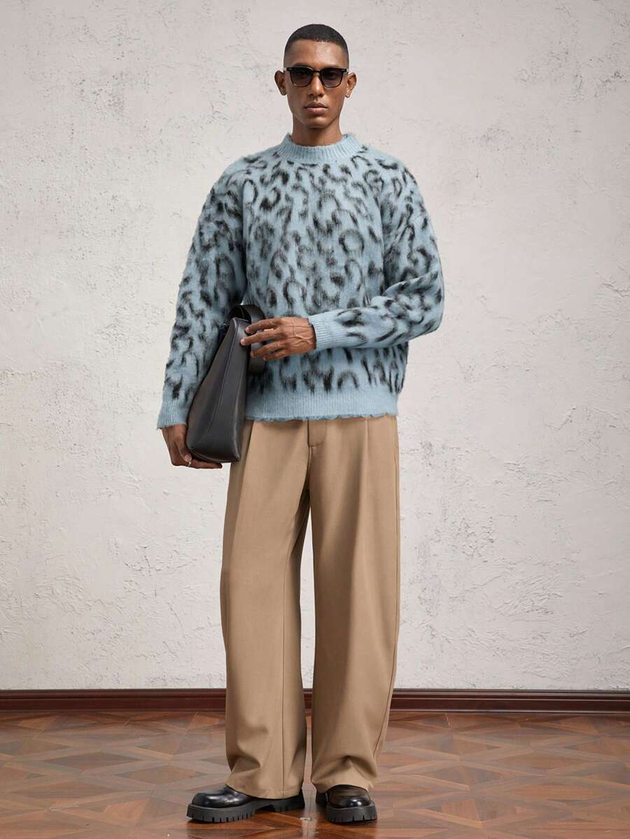 AKNOTIC Business Casual Áo len dệt kim tay dài cổ tròn họa tiết da báo rộng rãi cho nam, dành cho mùa thu đông - Màu xanh lam - Xem 1