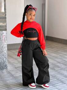 SHEIN Conjunto de 3 piezas para niñas preadolescentes: Sudadera con capucha básica informal de punto, chaleco con tirantes ajustables y pantalones fruncidos