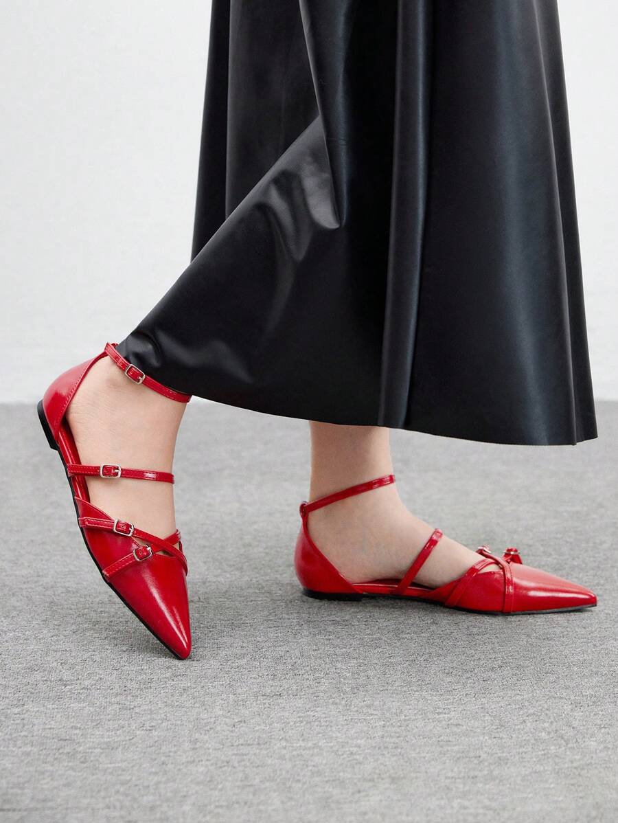 CUCCOO BIZCHIC Red PU Pointy Toe Studded Decor Women Flat Casual Shoes Spring Shoes Spring Break Easter - Red - View 1