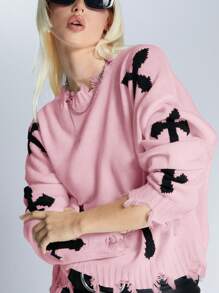 SWAVVY Men's Casual Cross Pattern Loose Dropped Shoulder Short Sweater - Pink - View 4