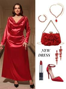 SHEIN Clasi Vestido largo de satén elegante en color rojo sólido con espalda drapeada y manga larga para mujeres curvy talla plus, apropiado para fiestas de invitados y bailes, atuendo de San Valentín
