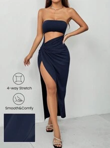 SHEIN PETITE Vestido con escote, twist delantero y abertura en el muslo, de tela elástica