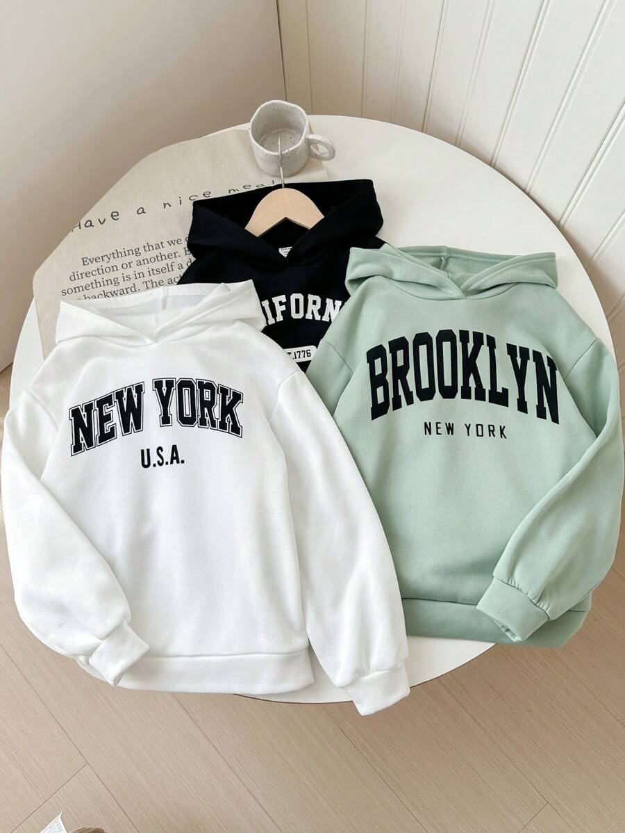 SHEIN Tween Girl 3pcs Set Fleece Knit Plain Hooded Pullover Sweatshirts,In Fall/Winter - Multicolor - View 1