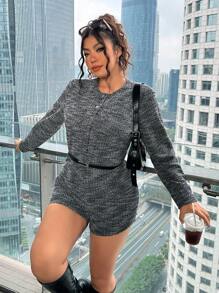 SHEIN EZwear 优雅人字纹长袖连体裤，秋冬休闲装 - 黑與白 - 查看 5