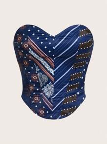 SHEIN ICON Strapless Striped Paisley Print Patchwork Top For Women - Multicolor - View 1