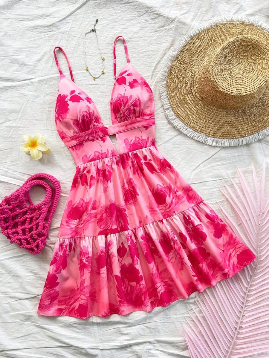 Soleia Váy ngắn in hoa nhuộm loang cổ chữ V hở lưng dáng chữ A lãng mạn cho ngày lễ dành cho nữ, thích hợp cho ngày lễ tình nhân, hẹn hò, tiệc tùng - Nhiều màu - Xem 1