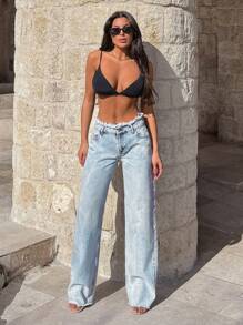 SHEIN Tall Women Front Button Pocket Fringe Trim Simple Denim Jeans, Casual Everyday Wear - Light Wash - View 6