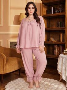 PalaceNights Conjunto de ropa de estar en casa de talla grande con encaje, parches, cuello con volantes, lazo decorativo y mangas acampanadas