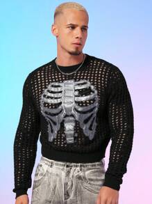 FeverCity Suéter de cuello crew transparente con estampado de esqueleto para hombre