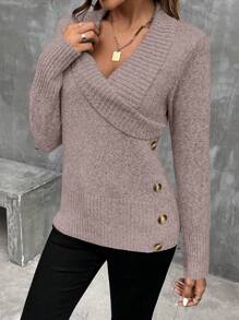 SHEIN LUNE Women's V-Neck Long Sleeve Button Design Simple Sweater, Casual Daily Wear