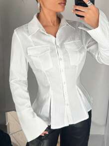 SHEIN ICON Camisa de manga larga con rayas para mujer, con bolsillos, bajo con abertura y cintura ajustada, para otoño
