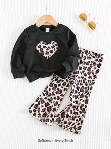 Cozy Pixies 女婴豹纹心形印花圆领长袖套头运动衫和松紧腰荷叶边下摆喇叭腿休闲休闲裤 2 件套 - 彩色 - 查看 1