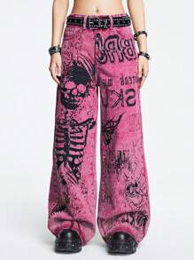 ROMWE Grunge Punk Spring/Summer Carnival Party Graphic Pink Punk Music Festival Pink Y2K Gyaru Baddie Skeleton & Gothic Letter Print Jeans Boy Friend Jeans - Pink - View 4