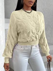 Zolique Women's Solid Color Crew Neck Long Sleeve Casual Pullover Sweater Knit Pullover Fall Winter Sweater - Apricot - View 3