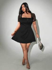 Viva Relle Plus Size Lace Patchwork Short Sleeve Square Neck Minimalist Short Dress - Black - View 3