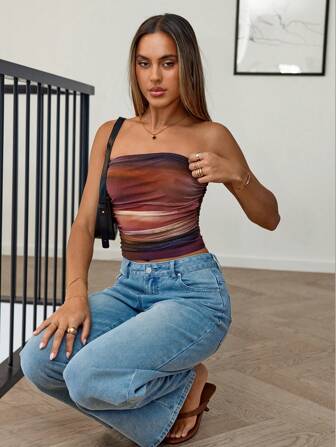 Siren Gaze Damen lässiges Sommer Trägerhemd, Tie Dye Geraffter trägelloser Cropped Top, Weiß Top für Ausgehn, Sommer Shirts