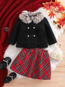 SHEIN 2pcs Baby Girl Winter Cute Black Overcoat With Fur Collar And Plaid Skirt Outfit - Black - View 1