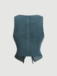 SHEIN MOD 女士70年代复古休闲修身牛仔背心，系带设计 - 深色水洗藍 - 查看 2