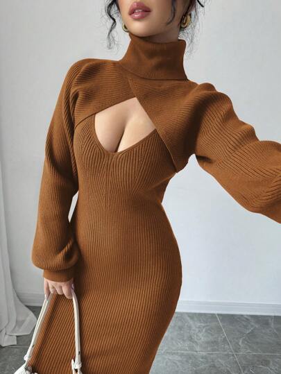 Chiquease V 领吊带背心毛衣和紧身裙套装交叉系带灯笼袖高领短款套头毛衣