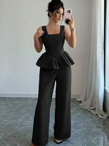 Chiquease Set de 2 piezas de camisa de tirantes con volantes y pantalón largo de color liso elegante - Negro - Ver 1