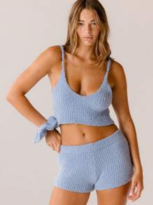 Aralina Women's Solid Color Simple Sweater & Shorts Top, Cozy For Christmas, Thanksgiving, Casual For Daily Wear - Baby Blue - View 1