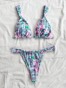 Soleia Women's Colorful Starfish And Shell Patchwork Print V-Neck Patchwork Bowknot Decorated Bandage Bikini 2 Pieces Swimwear, Vacation Style, Tropical Island Vacation, Hawaii Resort Style, Swim Suits For Women, Vacation Outfit Women, Summer Outfits For Women, Beach Outfits For Women - Multicolor - View 5