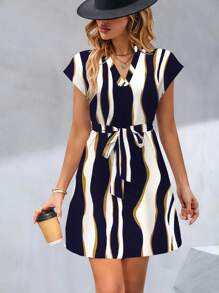 EMERY ROSE Women V-Neck Striped Cap Sleeve Casual Short Dress - Navy Blue - View 5