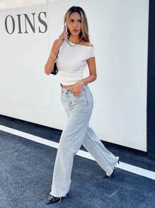 Siren Gaze Women Solid Color Asymmetric Shoulder Casual Blouse, For Everyday Wear Summer White