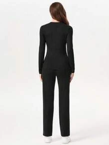 TaskEZ 纯色 V 领长袖口袋简约上衣和裤子 手术服套装 针织手术服套装 护士连衣裙 手术服上衣 手术服裤子 实验室外套 手术服外套 - 黑色 - 查看 2