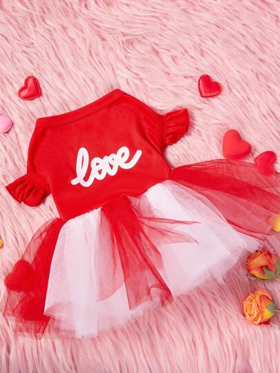 PETSIN 1 件宠物通用情人节红色情书印花弹力荷叶边渐变红白网眼狗公主裙