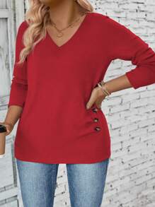 INAWLY Women V-Neck Long Sleeve Side Button Pleated Soft Knitted Casual Pullover, Autumn/Winter Fall Cloth For Women