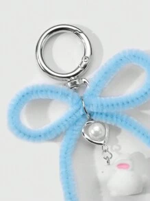 ROMWE Kawaii 2pcs Ins Style Cute & Delicate Fashion Highly Attractive Pink + Blue Flocked Twist Bow Bunny Pendant Keychain & Keyring, Combo Set Suitable For Sisters, BFFs, Couples, Friends, Daily Wear, Holiday Gift
