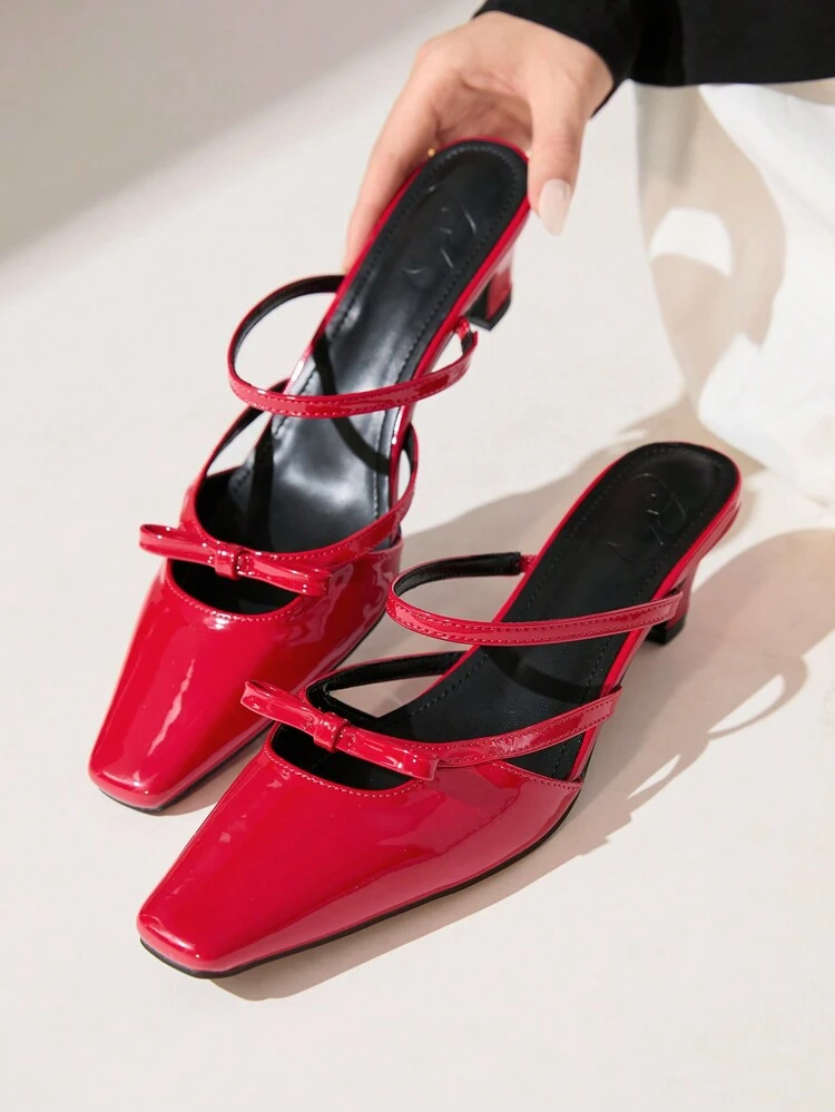 CUCCOO CHICEST Women Square Toe Slip-On Mules, French Style Thick Heel Black High Heel Shoes Valentine's Day