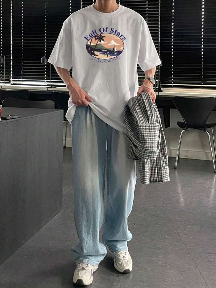 Men's All-Match Slogan & Palm Tree Print Crew Neck Short Sleeve T-Shirt, Versatile,Graphic Tees