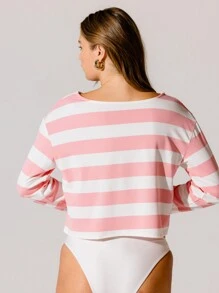 Aralina Top de jersey de manga larga a rayas rosadas y blancas para días festivos - Rosa - Ver 2
