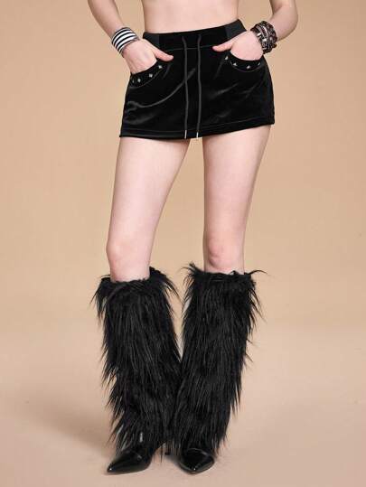 Grunge Punk Jupe mini moulante en velours cloutée vintage Y2K Harajuku, noire