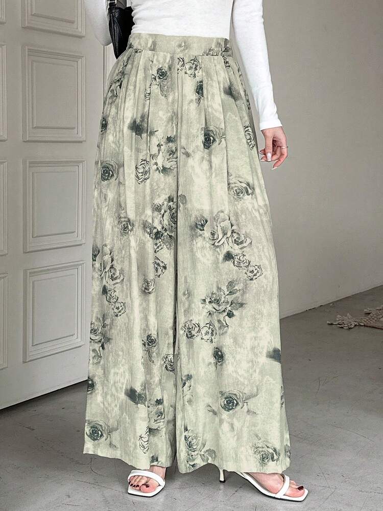 Allover Floral Print Elegant Women's Wide Leg Pants With Pockets, Summer,Teacher Pants