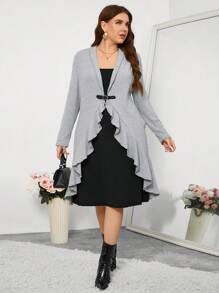 SHEIN Clasi 大码纯色长袖荷叶边下摆休闲短款连衣裙 - 彩色 - 查看 3