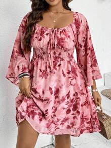 SHEIN VCAY Plus Size Pink Off-Shoulder Printed Dress For Women,Bell Sleeve Boho Autumn Holiday Vacation Spring Clothes, Date Night Valentine's Day Outfit - Multicolor - View 3