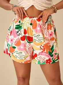 Travachic Plus Size Boho Fruit Print Vacation Beach Shorts For Summer - Multicolor - View 5