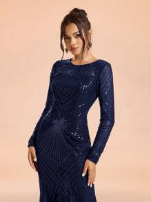 SHEIN Belle 女士圆领长袖美人鱼下摆亮片装饰正式晚礼服，优雅晚会舞会礼服，婚礼宾客礼服，派对礼服 - 藍色 - 查看 6