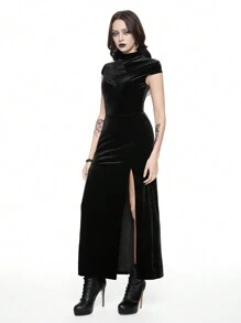 ROMWE Gothic Dark Vampire Spider Cutout High Slit Bodycon Dress - Black - View 6