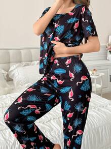 Crew Neck Printed Short Sleeve Long Pants Women Pajama Set - Black - View 4