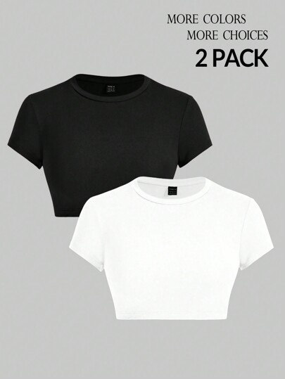 SHEIN PETITE Ultra-Cut Short-Sleeved Women's Tight-Fitting T-Shirt Black And White Two-Piece