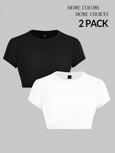 SHEIN PETITE Camiseta ajustada de mujer de manga corta ultrarecortada, conjunto de 2 piezas en negro y blanco