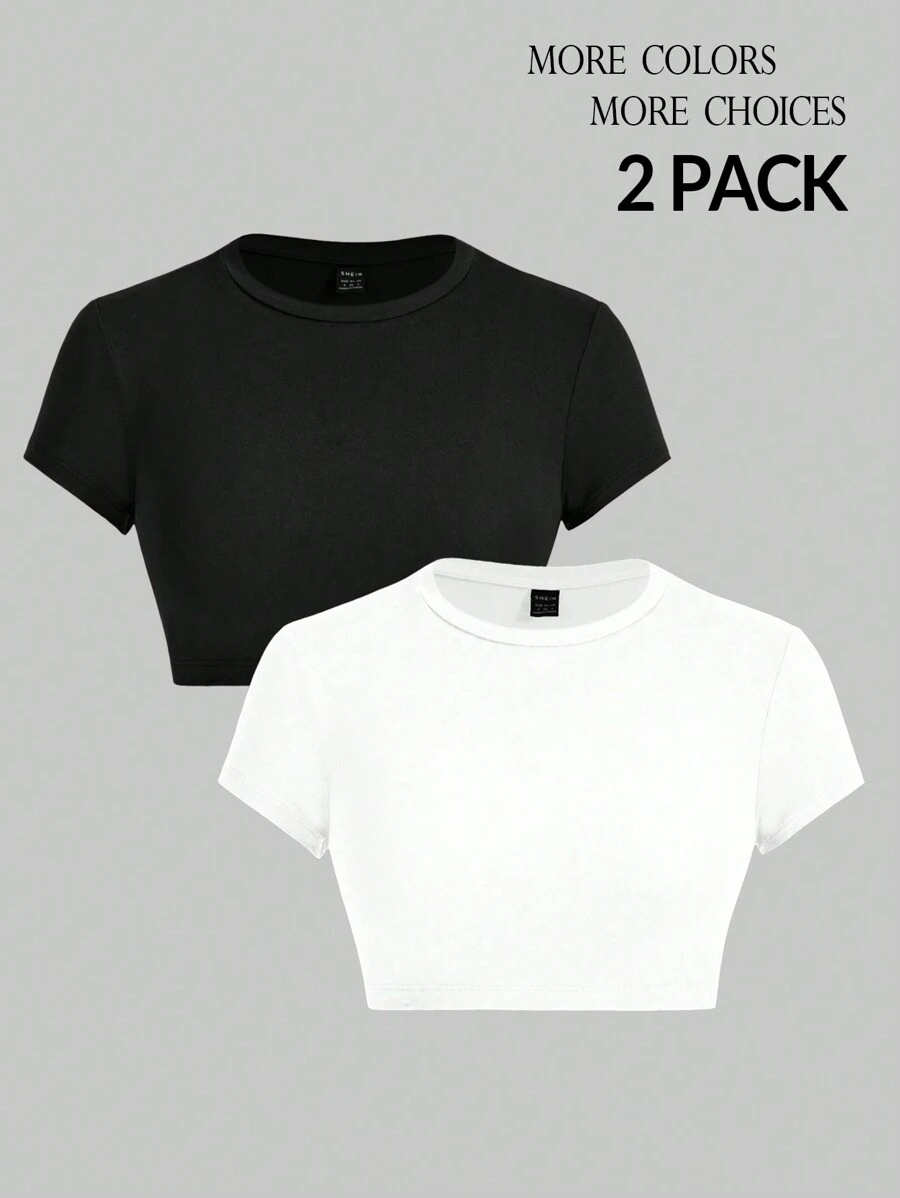 SHEIN PETITE 超剪裁短袖女式紧身T恤黑白两件套