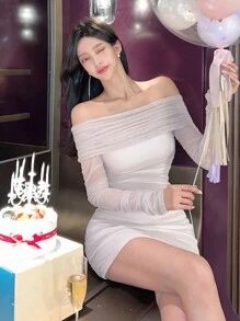 DAZY 女式网眼拼接露肩裹身短裙、春秋季舞会礼服、迷你裙长袖连衣裙