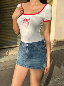 Muchica 女士黑白蜘蛛图案方领紧身连衣裤，秋冬款 - 白色 - 查看 5