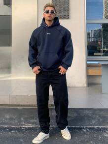 DAZY Men's Colorblock Decorative Striped Letter Hoodie,Fall Clothes - Navy Blue - View 3